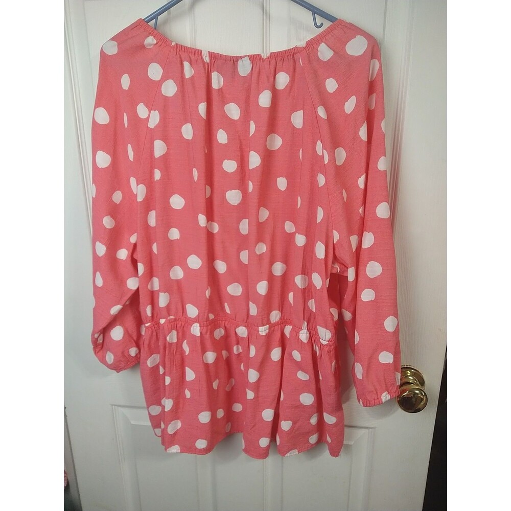 Lane Bryant 22 Pink White Polkadot Babydoll Top Wrap Front 3/4 Puff Sleeve - Picture 6 of 7